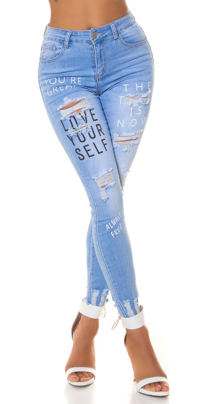 Jean femme push-up taille haute sexy look usé avec imprimé – Image 3