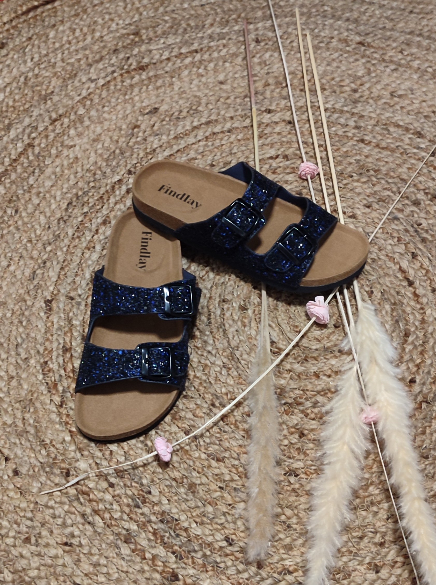 Claquettes sandales à lanières paillettées noir et bleu marine Findlay