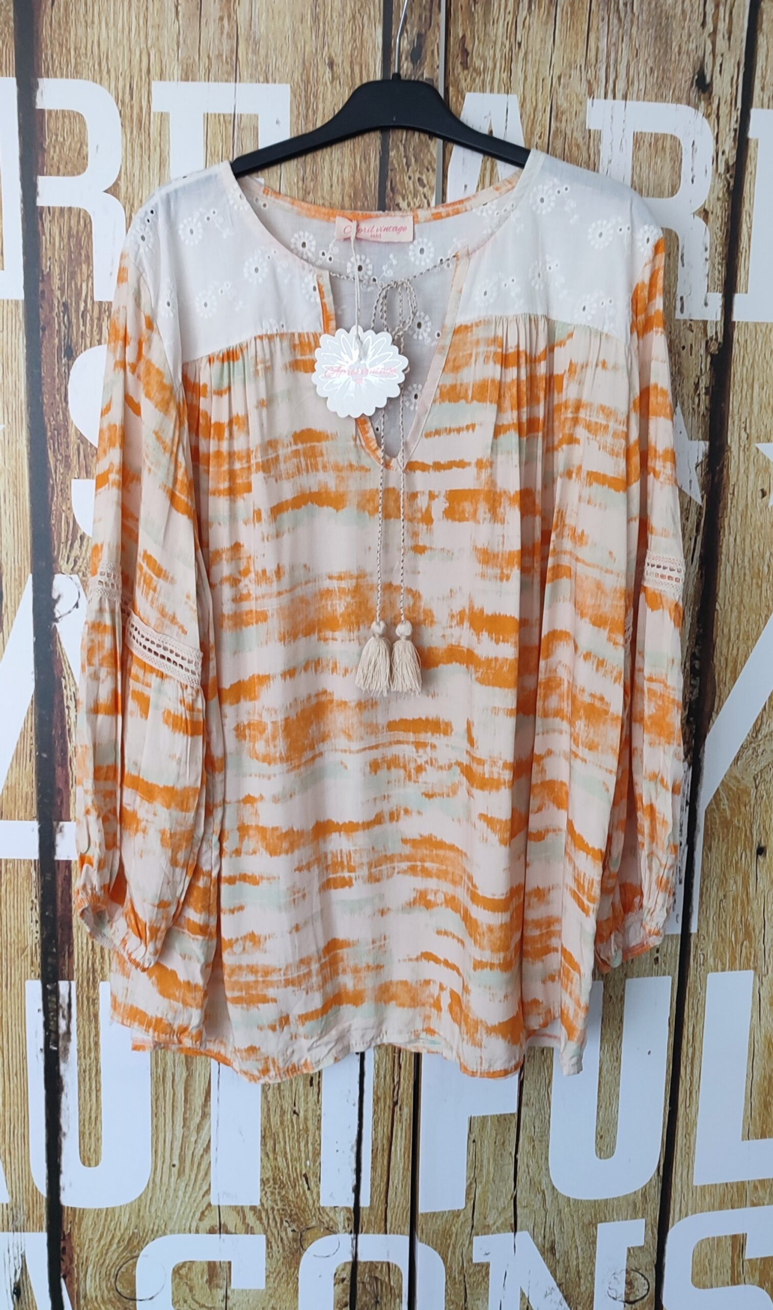 Tunique blouse orange et écru April Vintage