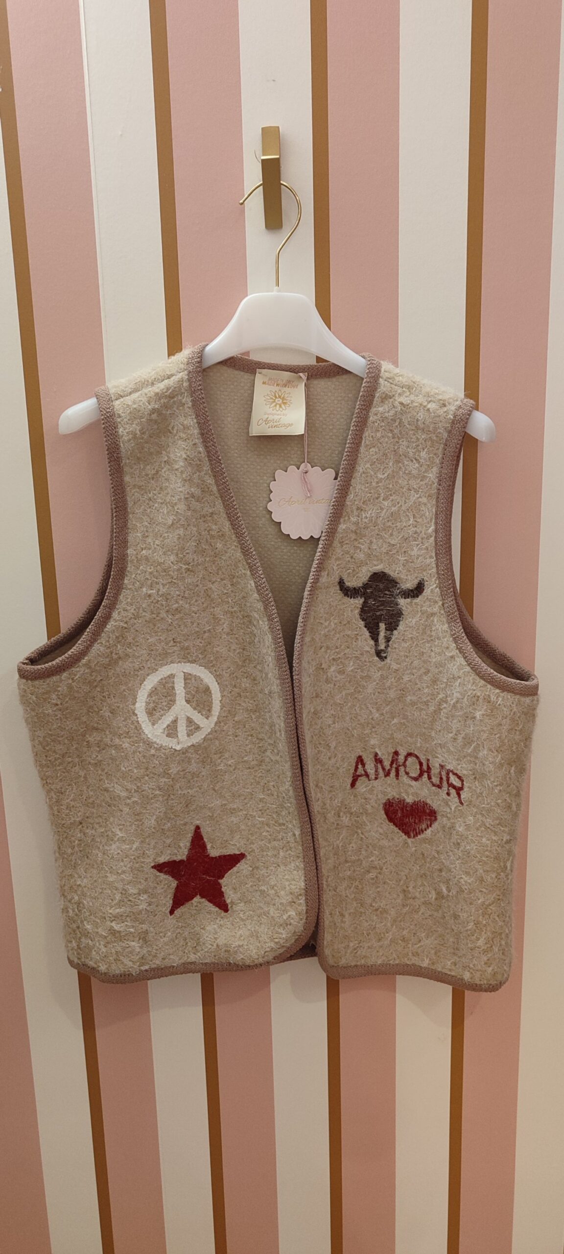 Bolero April vintage bohème tête de buffle laine beige amour – Image 3