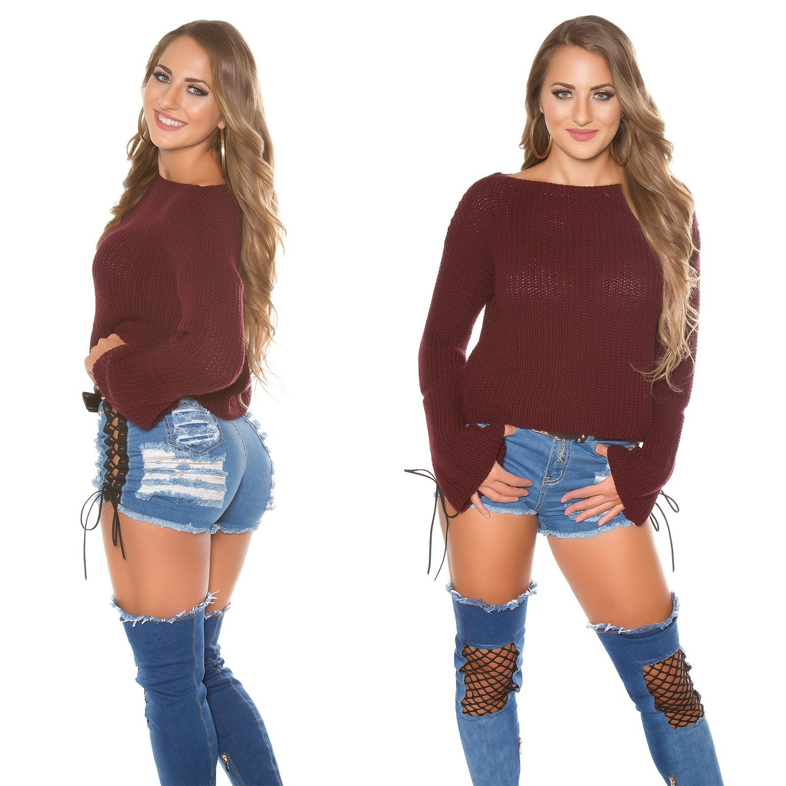 Pull femme fashion col rond large ZOE couleur bordeaux – Image 3