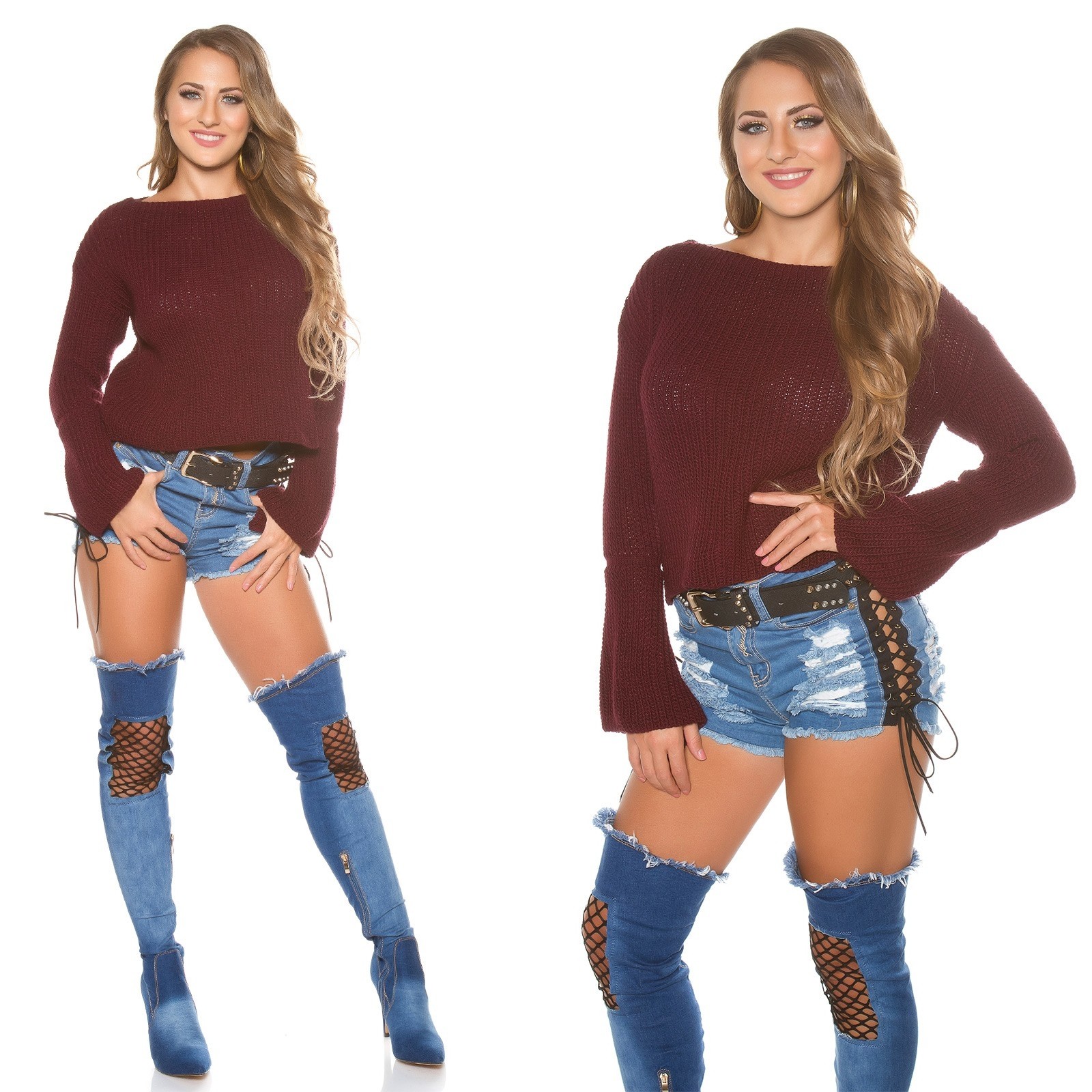 Pull femme fashion col rond large ZOE couleur bordeaux – Image 4