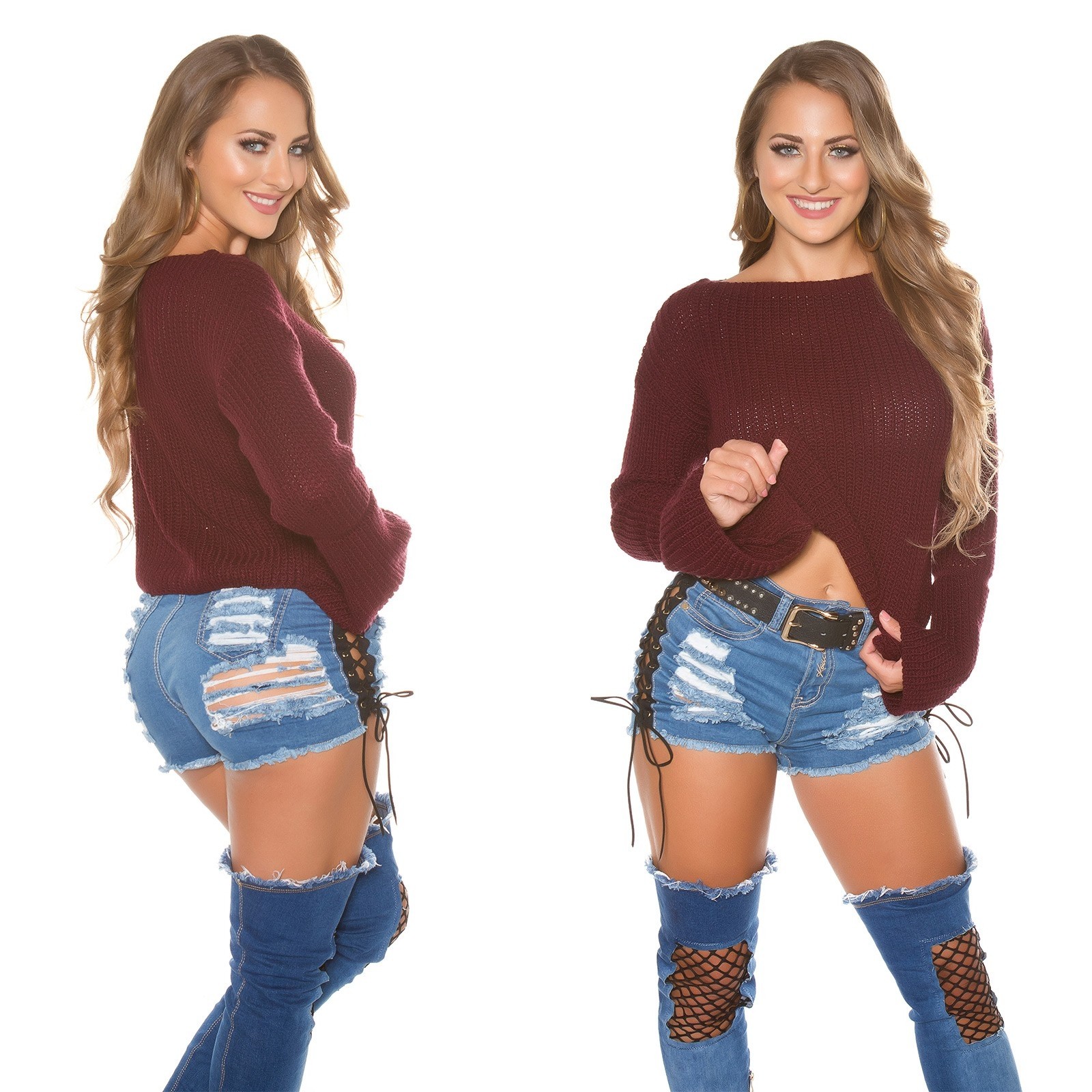 Pull femme fashion col rond large ZOE couleur bordeaux – Image 2