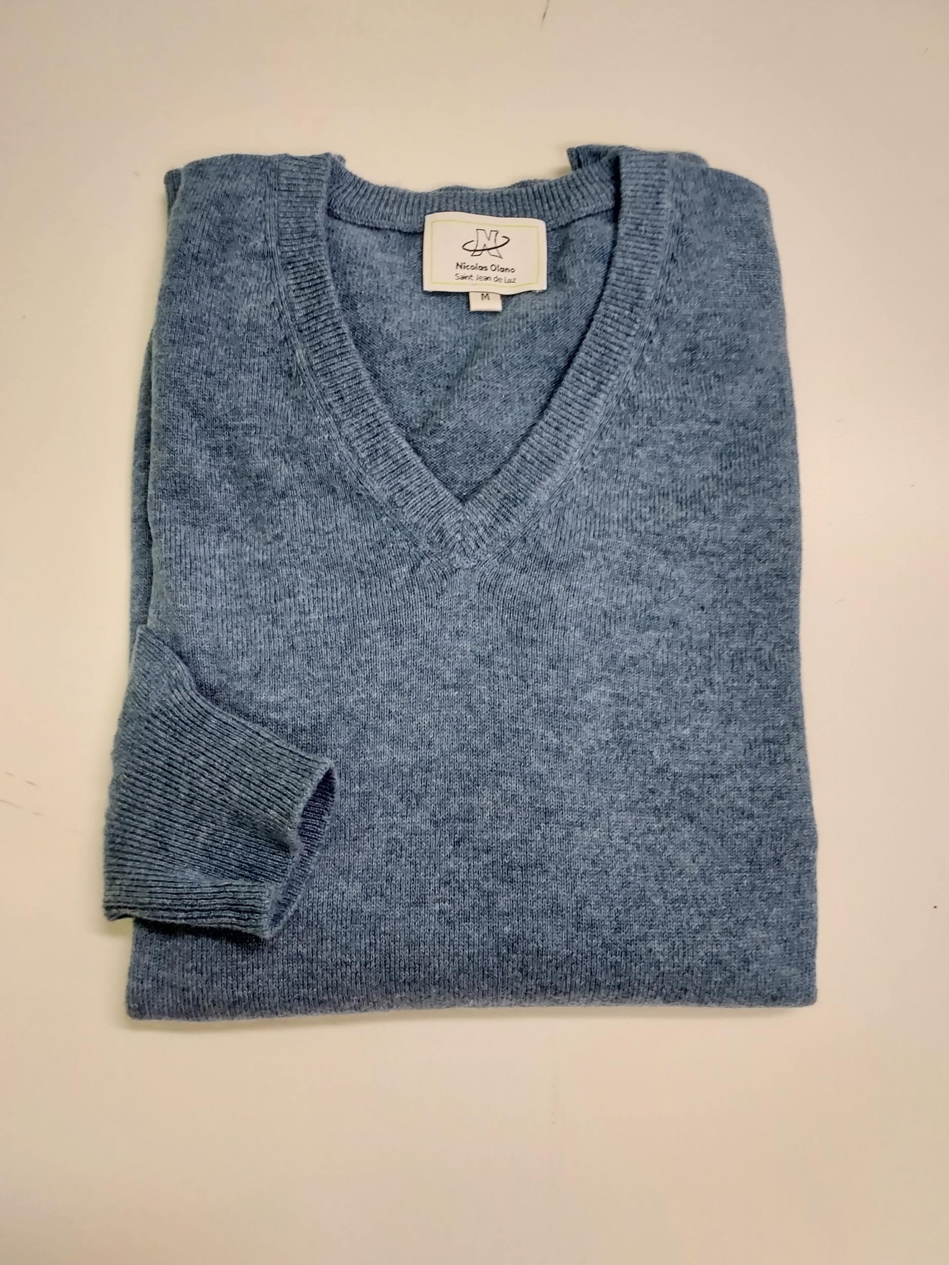 PULL CACHEMIRE COL V BLEU JEAN