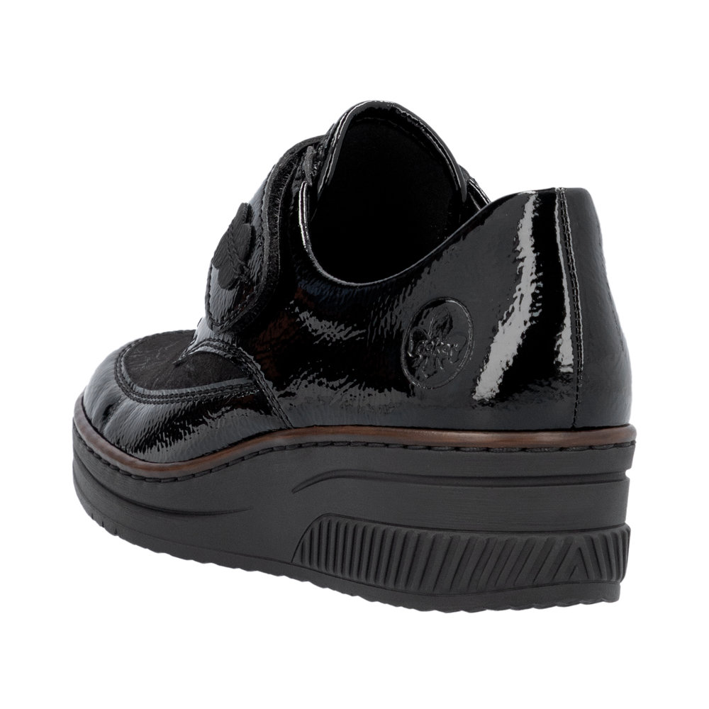 Chaussures femme Un velcro Talon compensé Dessus cuir et stretch RIEKER 487C00 coloris noir / vernis noir – Image 4