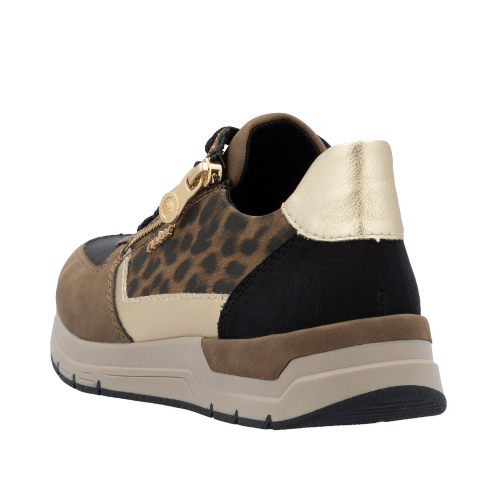 Tennis femme, grande largeur, fermeture à lacets+zip, semelle compensée RIEKER 58902 marron / noir / léopard / doré – Image 5