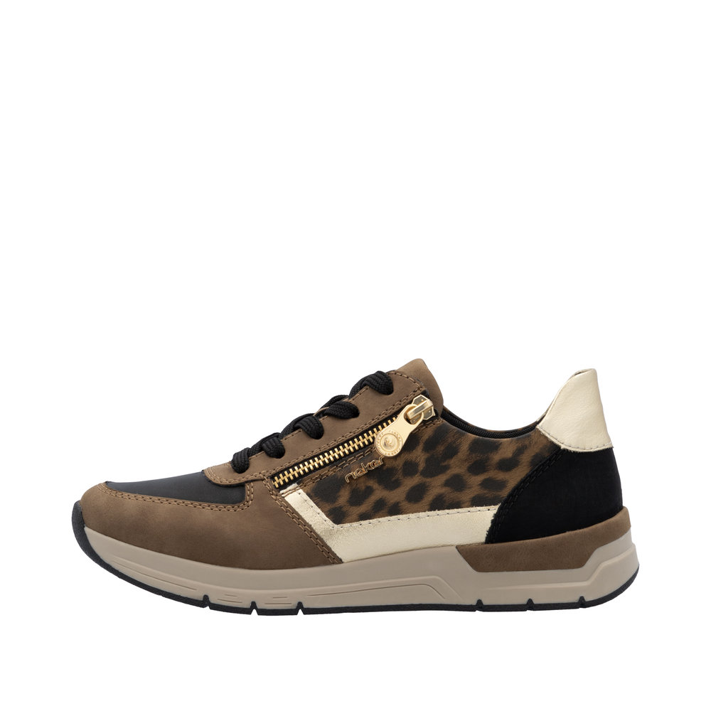 Tennis femme, grande largeur, fermeture à lacets+zip, semelle compensée RIEKER 58902 marron / noir / léopard / doré – Image 2