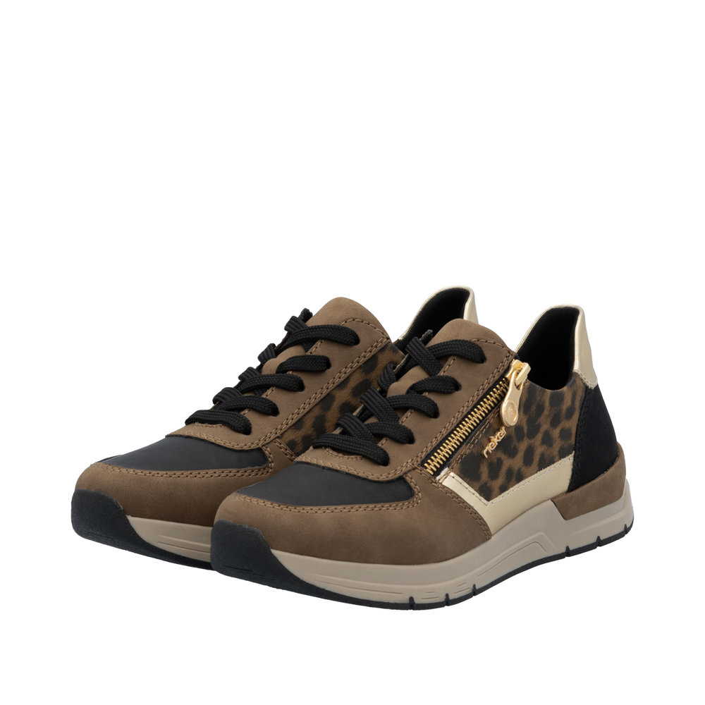 Tennis femme, grande largeur, fermeture à lacets+zip, semelle compensée RIEKER 58902 marron / noir / léopard / doré – Image 8