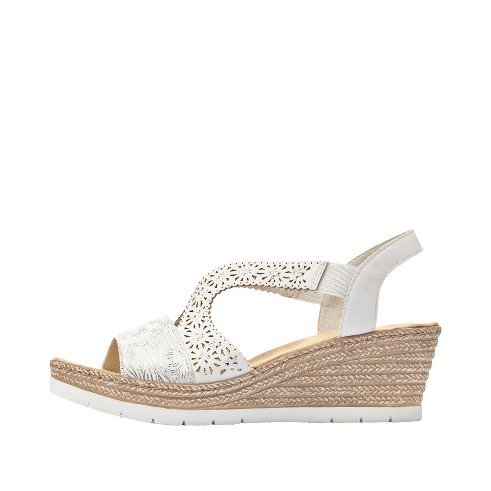 Sandale femme talon compensé Chaussure d’été Dame Semelle épaisse à plateforme A enfiler élastiqué côtés RIEKER 61916-80 blanc nacré – Image 3