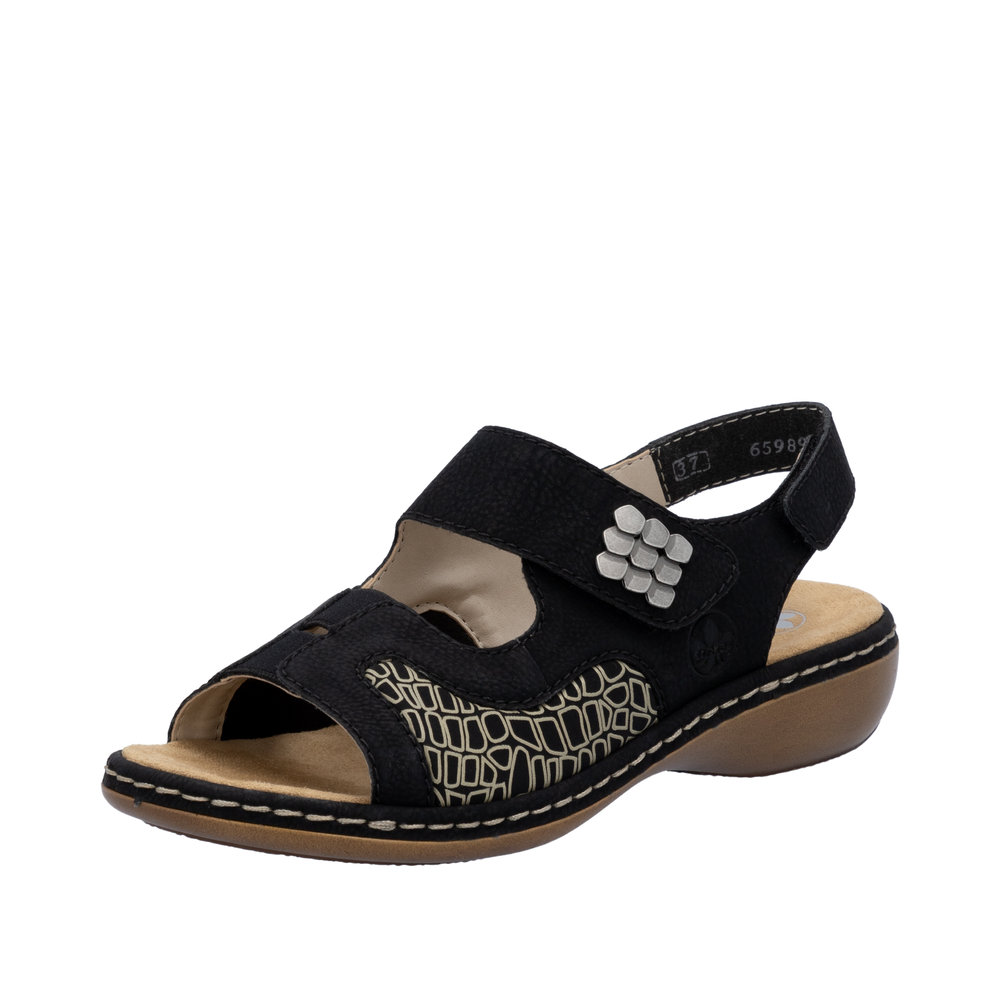 Sandale femme Stretch Chaussant large Talon plat Brides velcro RIEKER 65989-01 coloris noir imprimé beige