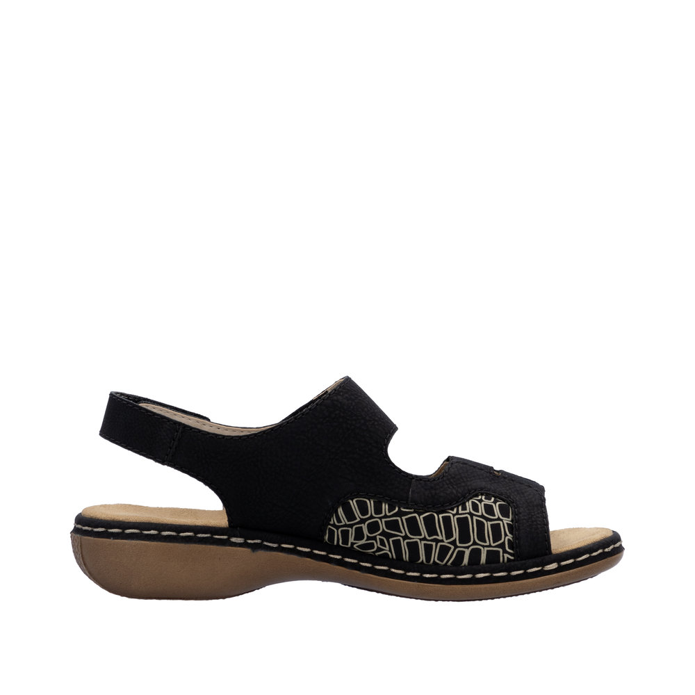 Sandale femme Stretch Chaussant large Talon plat Brides velcro RIEKER 65989-01 coloris noir imprimé beige – Image 2