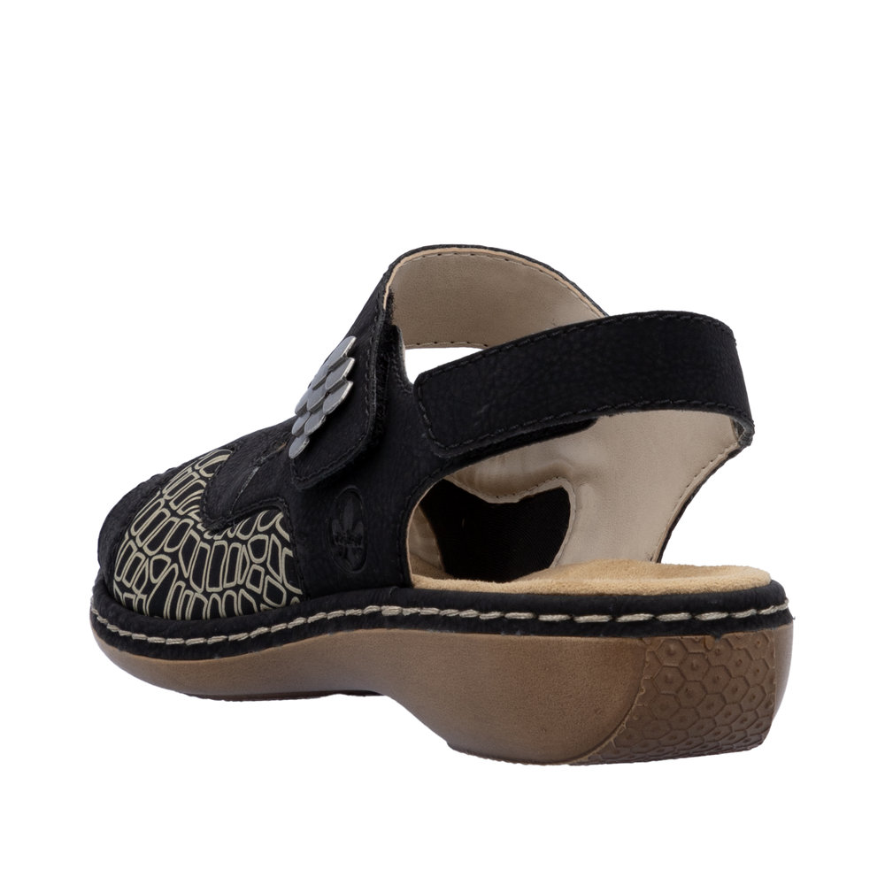 Sandale femme Stretch Chaussant large Talon plat Brides velcro RIEKER 65989-01 coloris noir imprimé beige – Image 6