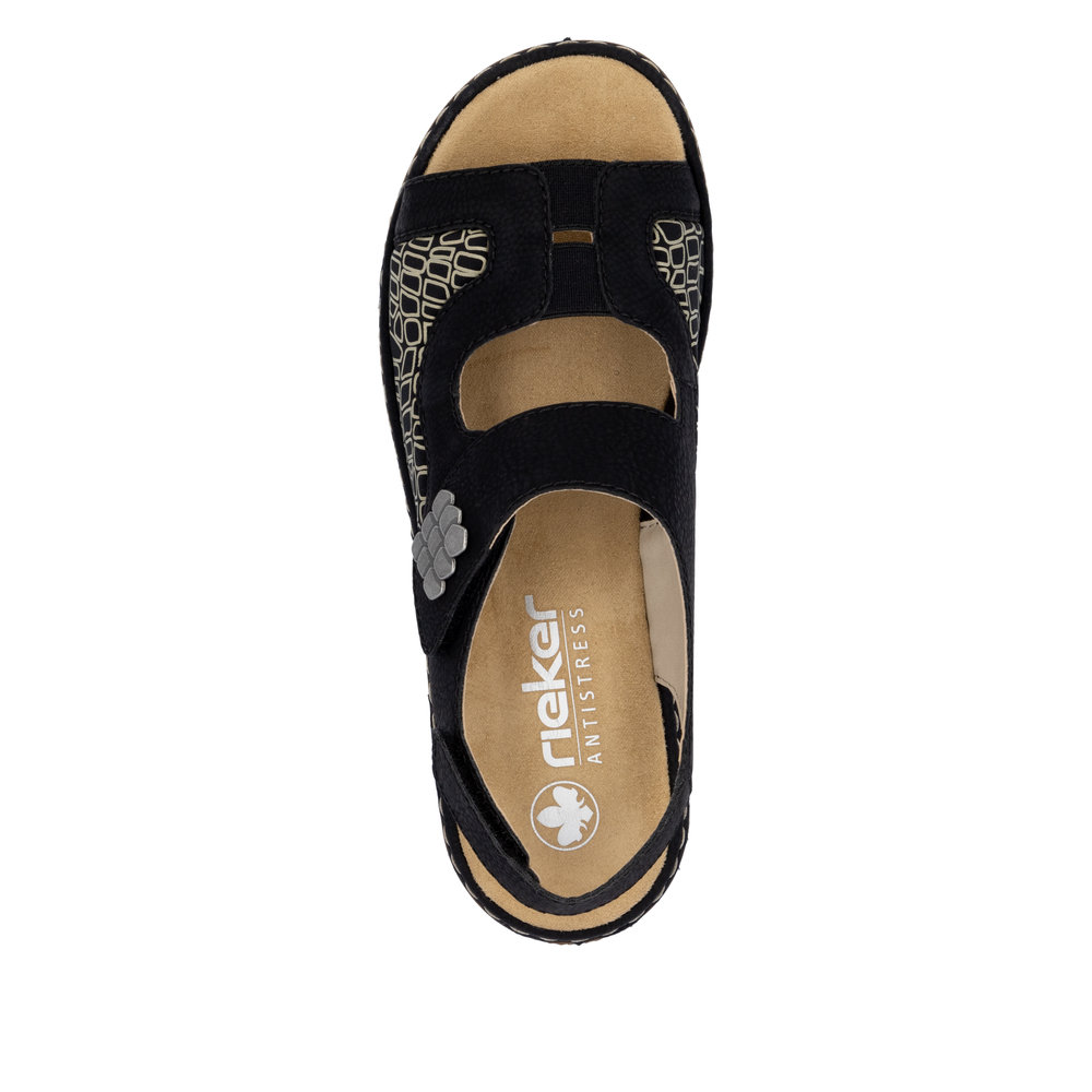Sandale femme Stretch Chaussant large Talon plat Brides velcro RIEKER 65989-01 coloris noir imprimé beige – Image 4