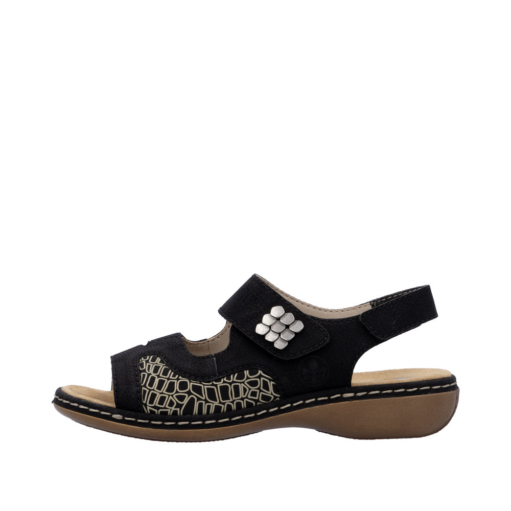 Sandale femme Stretch Chaussant large Talon plat Brides velcro RIEKER 65989-01 coloris noir imprimé beige – Image 3