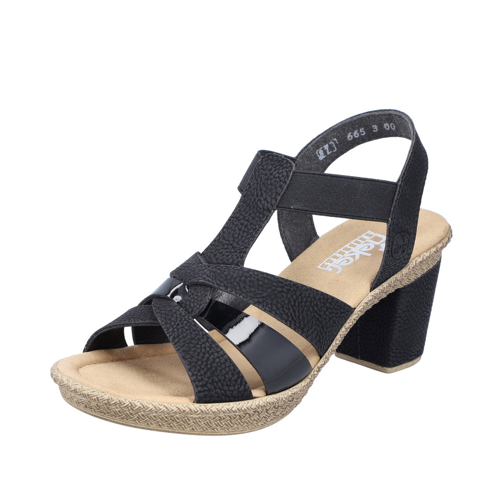 Sandales femme talon haut semelle plateforme élastiquées côté Coloris noir / vernis noir RIEKER 665K3-00 – Image 2