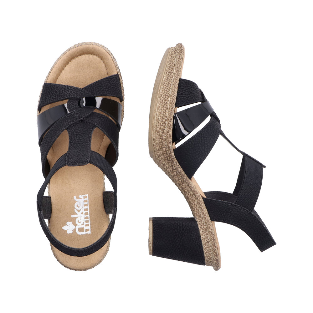 Sandales femme talon haut semelle plateforme élastiquées côté Coloris noir / vernis noir RIEKER 665K3-00 – Image 9