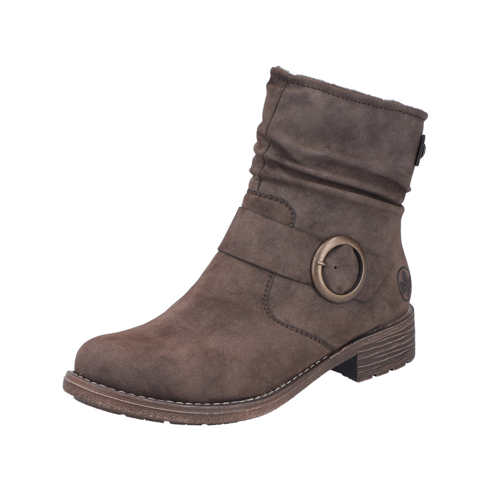 Bottines femme Talon carré plat Faux cuir souple Chaussant confort RIEKER 79454-25 coloris marron chocolat (Disponibles jusqu’à la pointure 43)