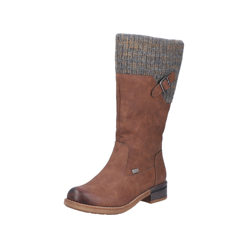 Botte femme Talon carré Doublure chaude Imperméable Mi-botte dame Mollet large RIEKER 94692-24 coloris marron
