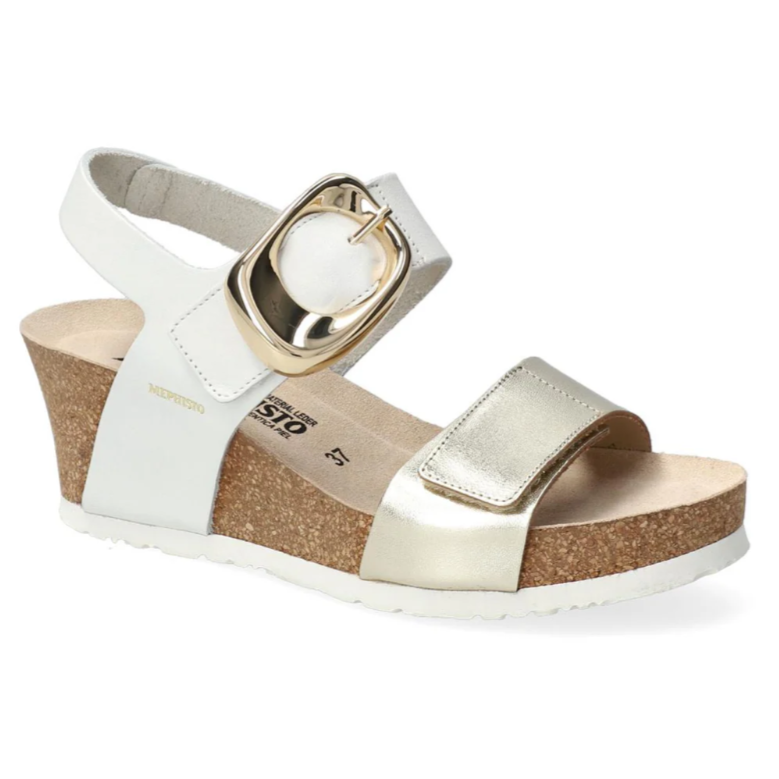 Sandale femme Cuir Velcros Semelle compensée liège MEPHISTO Léandre Coloris blanc / doré