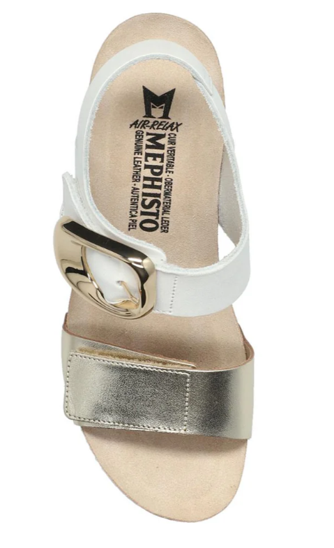 Sandale femme Cuir Velcros Semelle compensée liège MEPHISTO Léandre Coloris blanc / doré – Image 2