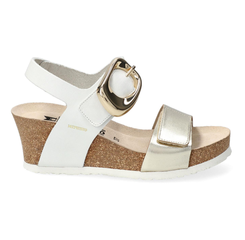 Sandale femme Cuir Velcros Semelle compensée liège MEPHISTO Léandre Coloris blanc / doré – Image 4