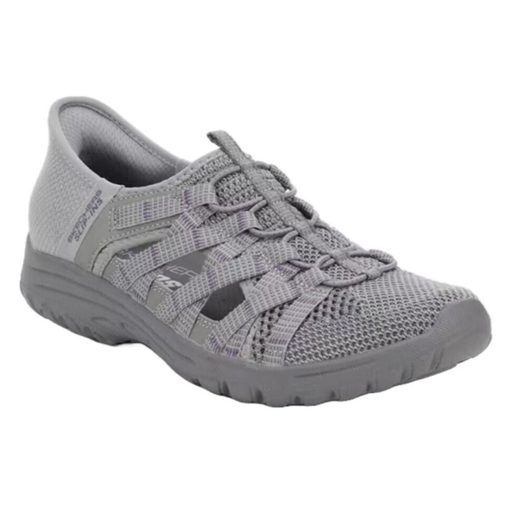 Sandale femme Façon tennis Côtés aérés Brides croisées Talon compensé Faux lacets élastiqués Confortable basket slip-ins SKECHERS 158789 Coloris gris
