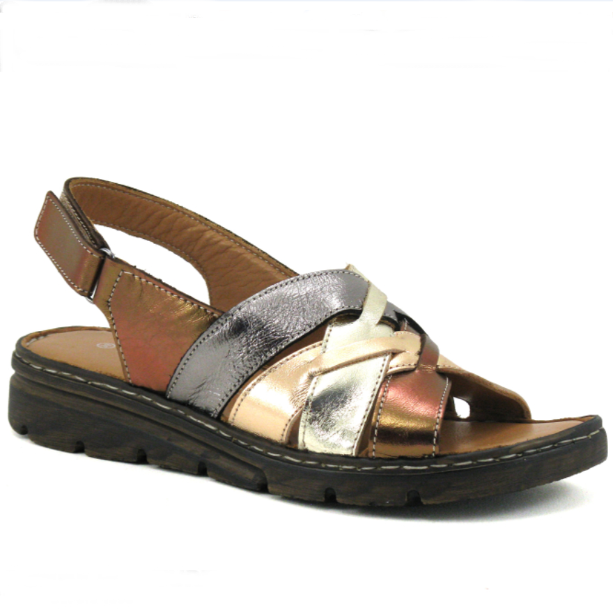 Sandale femme Semelle compensée Cuir souple Doublure cuir Velcro PEDRO TORRES Coloris argent / or / cuivre