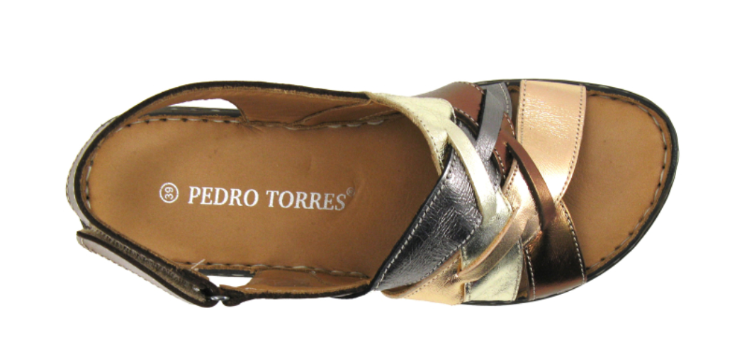 Sandale femme Semelle compensée Cuir souple Doublure cuir Velcro PEDRO TORRES Coloris argent / or / cuivre – Image 3