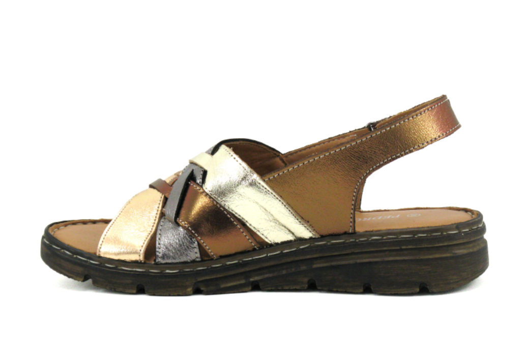 Sandale femme Semelle compensée Cuir souple Doublure cuir Velcro PEDRO TORRES Coloris argent / or / cuivre – Image 5