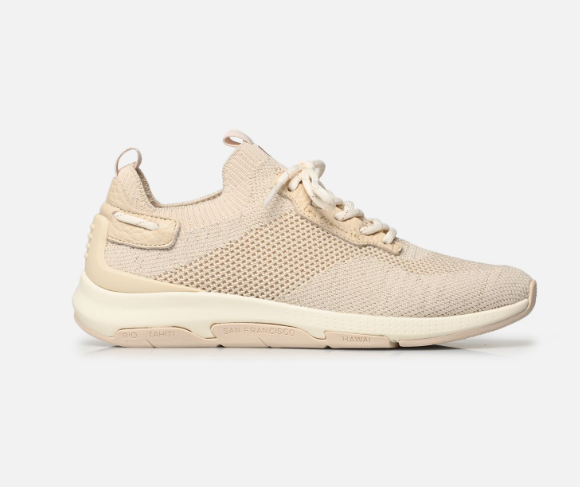 Tennis femme maille Extensible Sans couture Semelle compensée Très léger Lacet Toile et cuir TBS coloris beige lin – Image 2