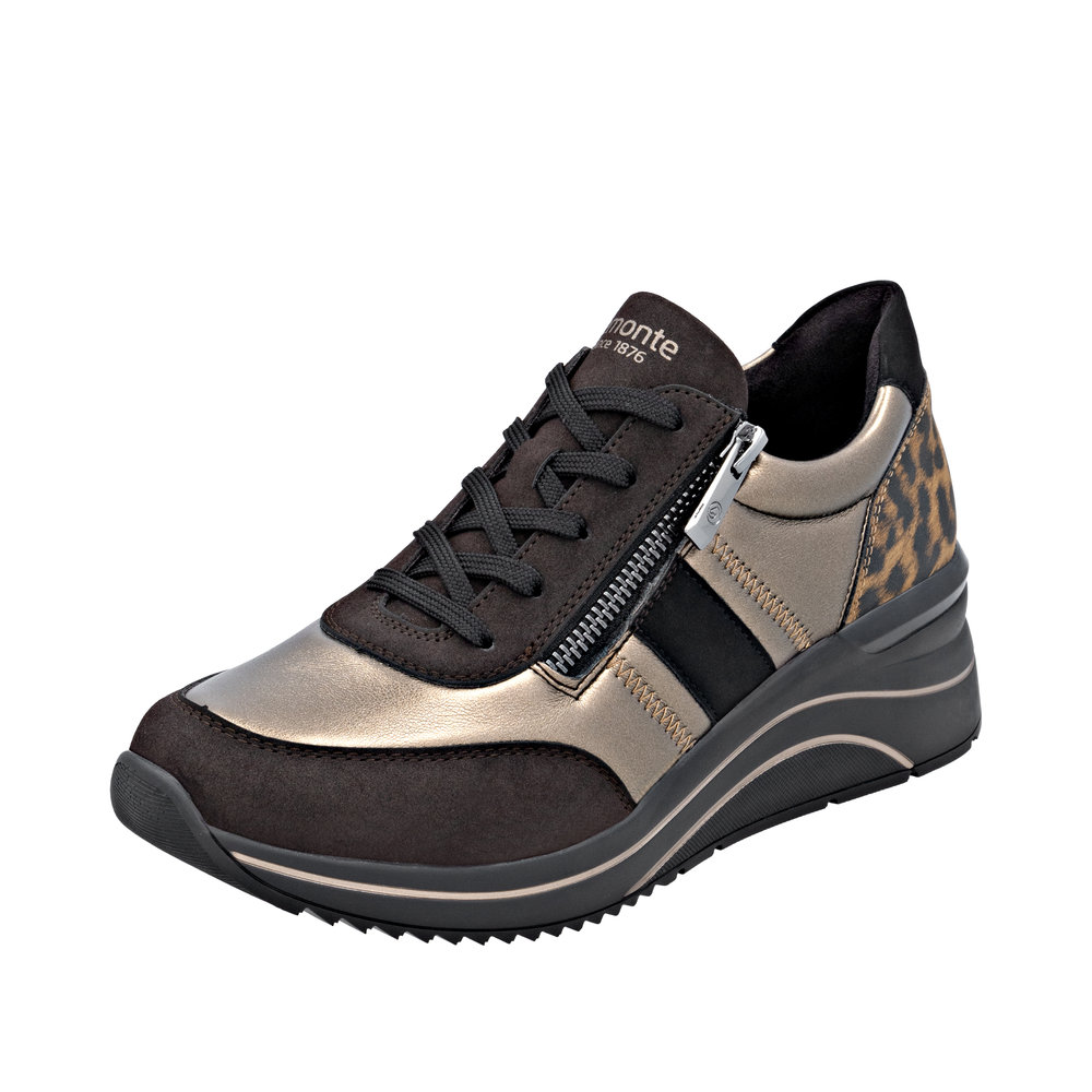 Tennis femme Matière stretch Talon compensé Lacet + fermeture éclair REMONTE D0T09-91 coloris marron bronze imprimé léopard.