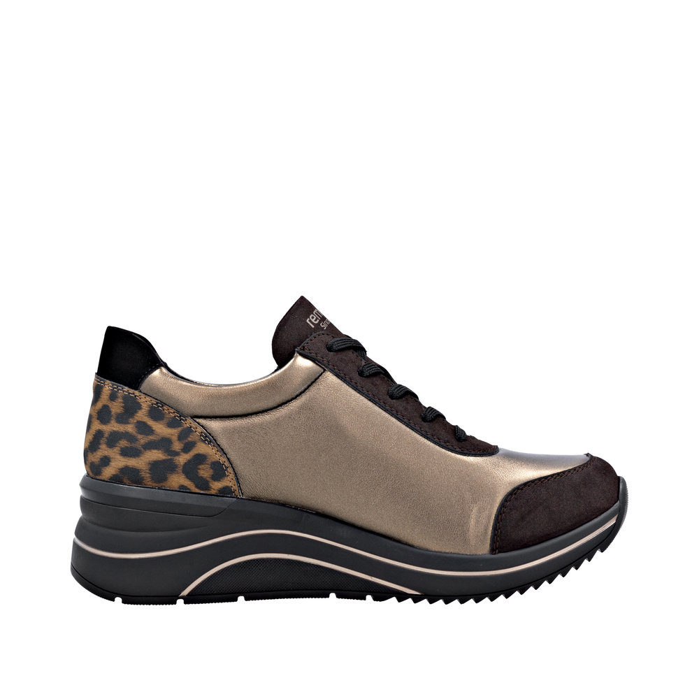 Tennis femme Matière stretch Talon compensé Lacet + fermeture éclair REMONTE D0T09-91 coloris marron bronze imprimé léopard. – Image 2
