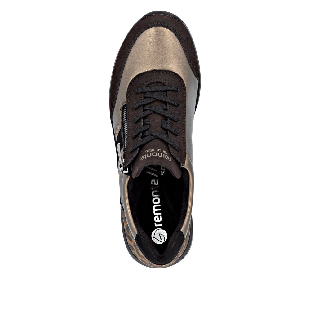 Tennis femme Matière stretch Talon compensé Lacet + fermeture éclair REMONTE D0T09-91 coloris marron bronze imprimé léopard. – Image 6