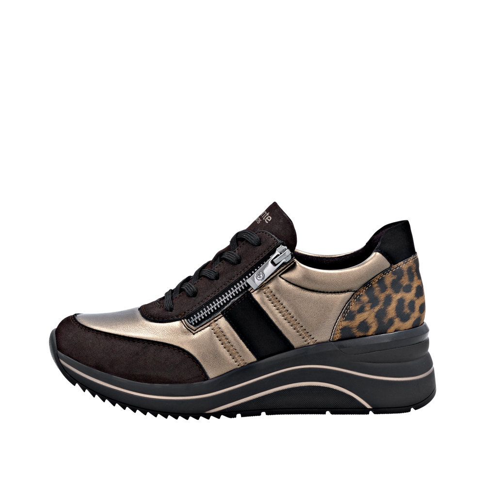 Tennis femme Matière stretch Talon compensé Lacet + fermeture éclair REMONTE D0T09-91 coloris marron bronze imprimé léopard. – Image 3