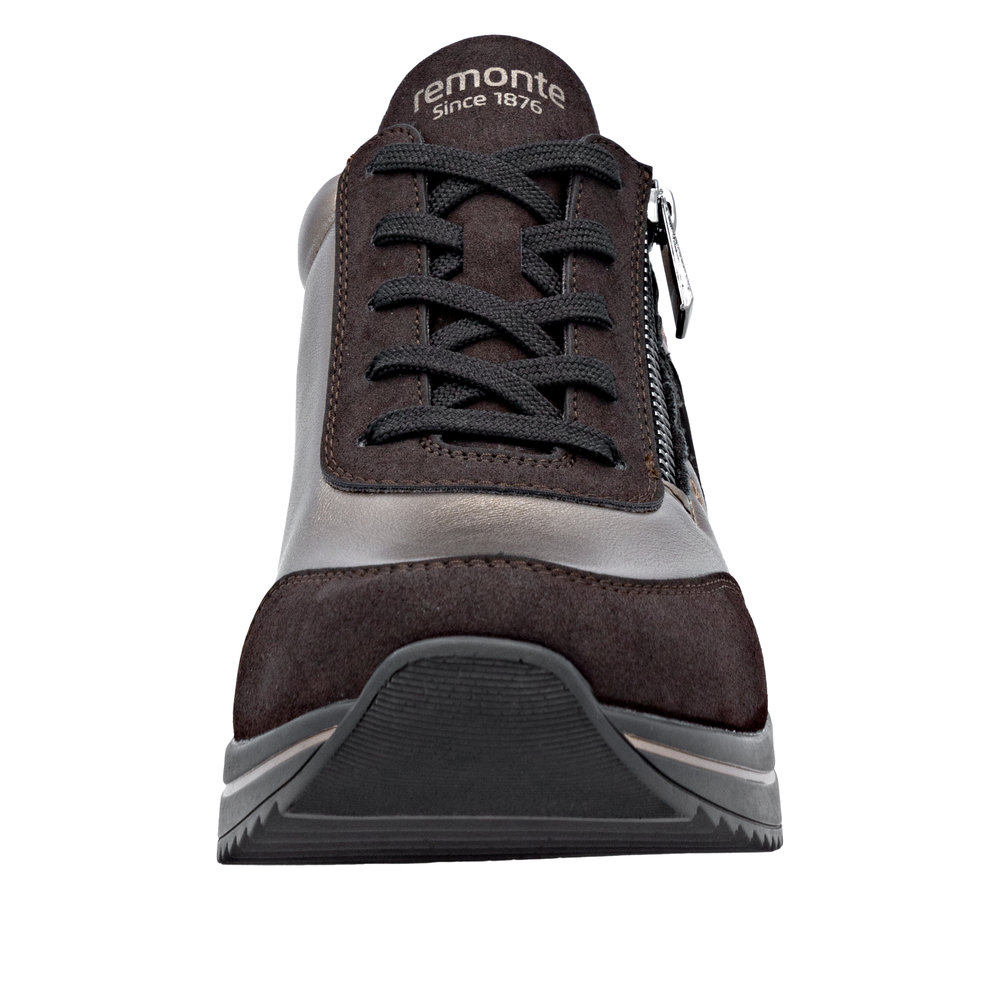 Tennis femme Matière stretch Talon compensé Lacet + fermeture éclair REMONTE D0T09-91 coloris marron bronze imprimé léopard. – Image 5