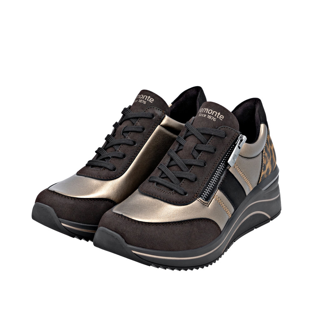 Tennis femme Matière stretch Talon compensé Lacet + fermeture éclair REMONTE D0T09-91 coloris marron bronze imprimé léopard. – Image 8