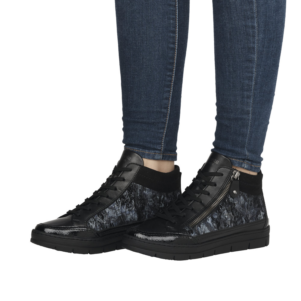 Boots plate cuir femme lacets+zip semelle épaisse doublure chaude REMONTE noir multi – Image 3