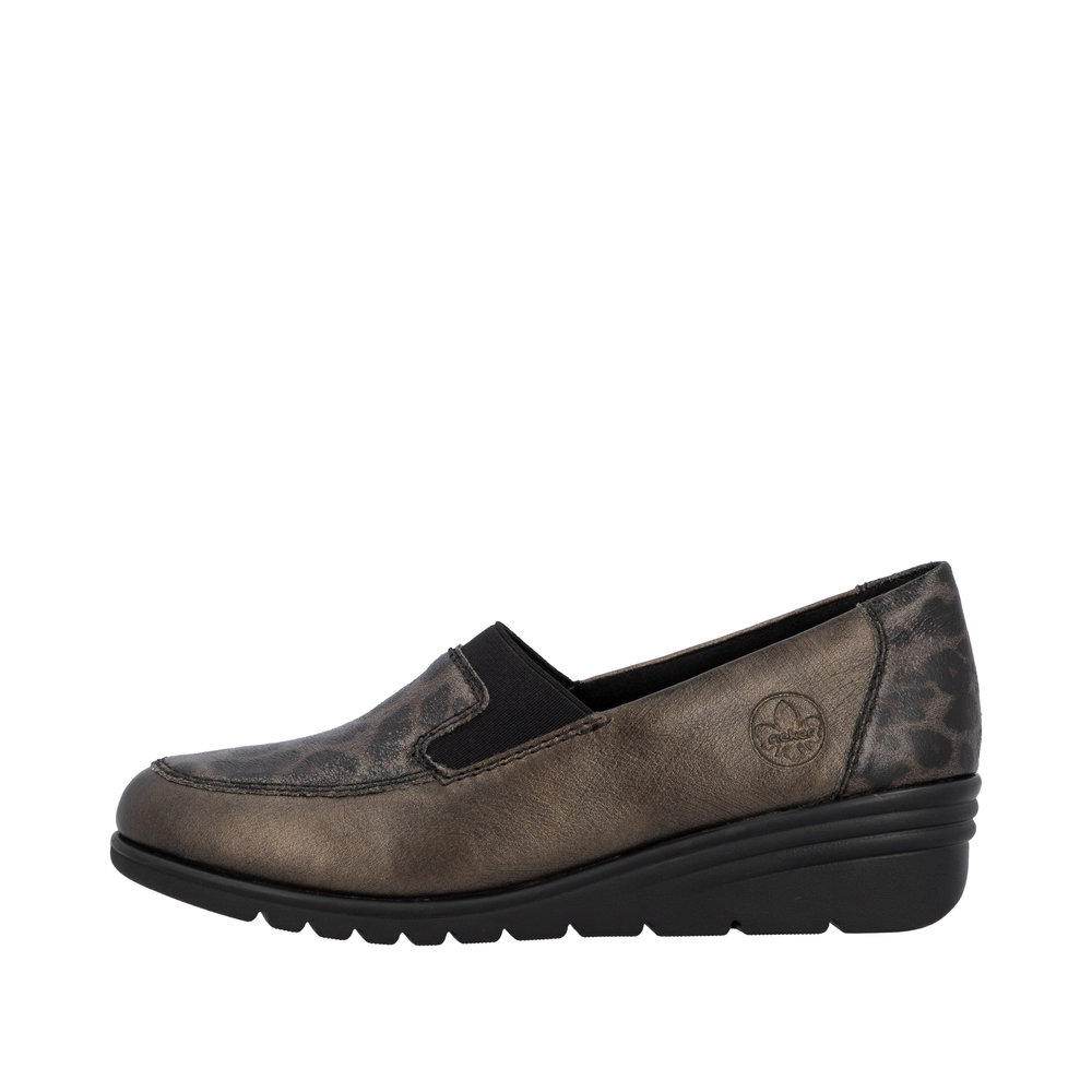 Mocassin femme Talon compensé Côtés élastiqués Dessus cuir Doublure textile Chaussure dame RIEKER L5351-90 Coloris marron bronze – Image 2