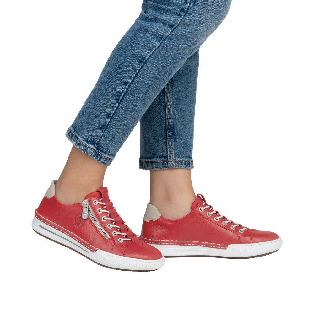 Tennis Mode femme Elastique+zip, semelle plate RIEKER coloris rouge / blanc – Image 9