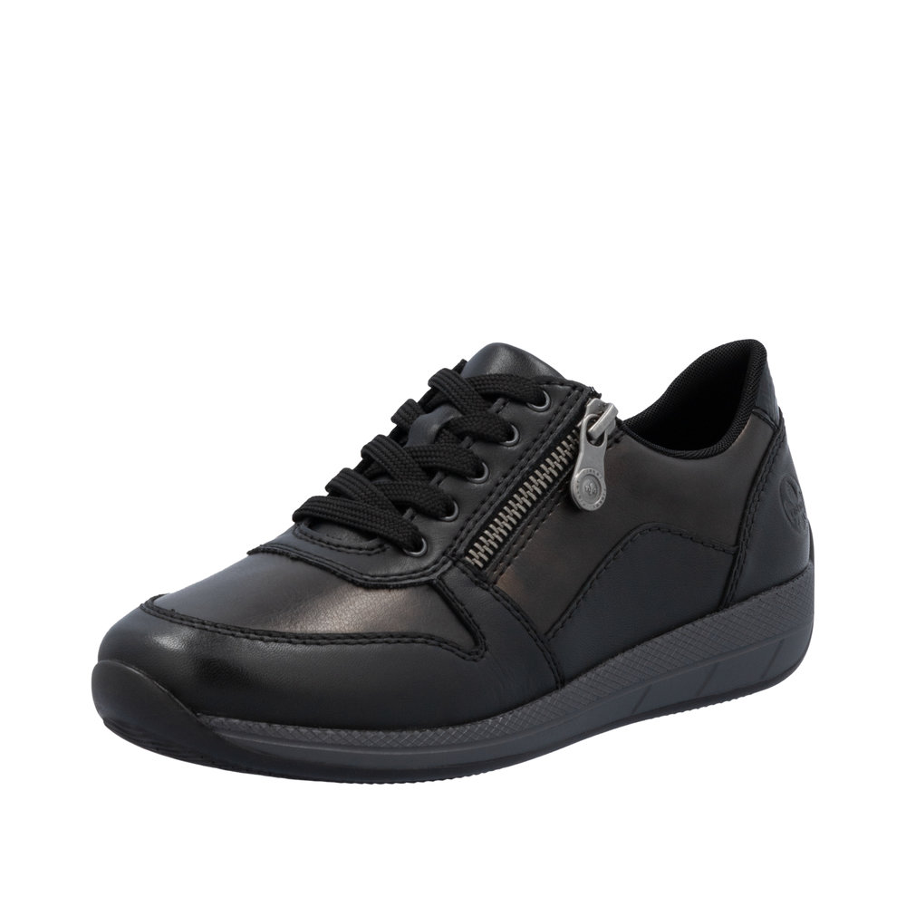 Tennis femme Lacets + deux fermetures éclair Talon compensé Cuir très souple Grande largeur REMONTE N1100-25 coloris noir