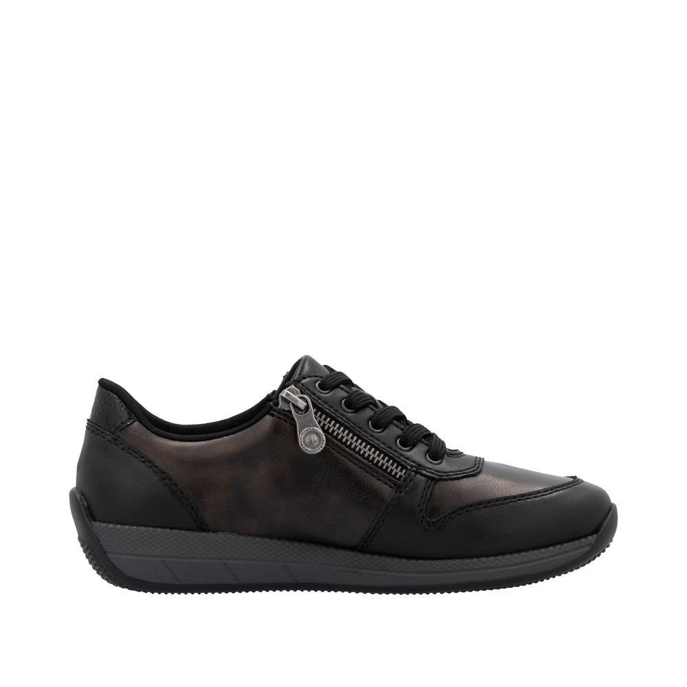 Tennis femme Lacets + deux fermetures éclair Talon compensé Cuir très souple Grande largeur REMONTE N1100-25 coloris noir – Image 2
