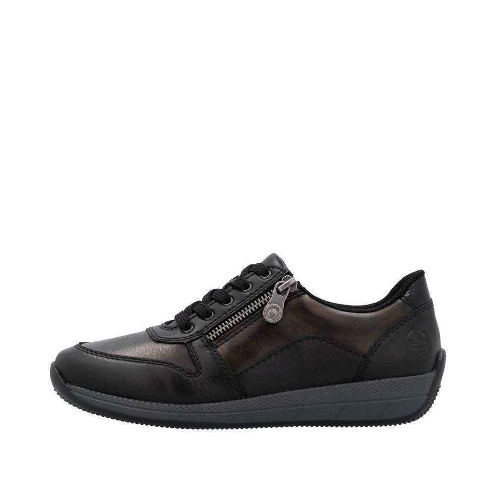 Tennis femme Lacets + deux fermetures éclair Talon compensé Cuir très souple Grande largeur REMONTE N1100-25 coloris noir – Image 3