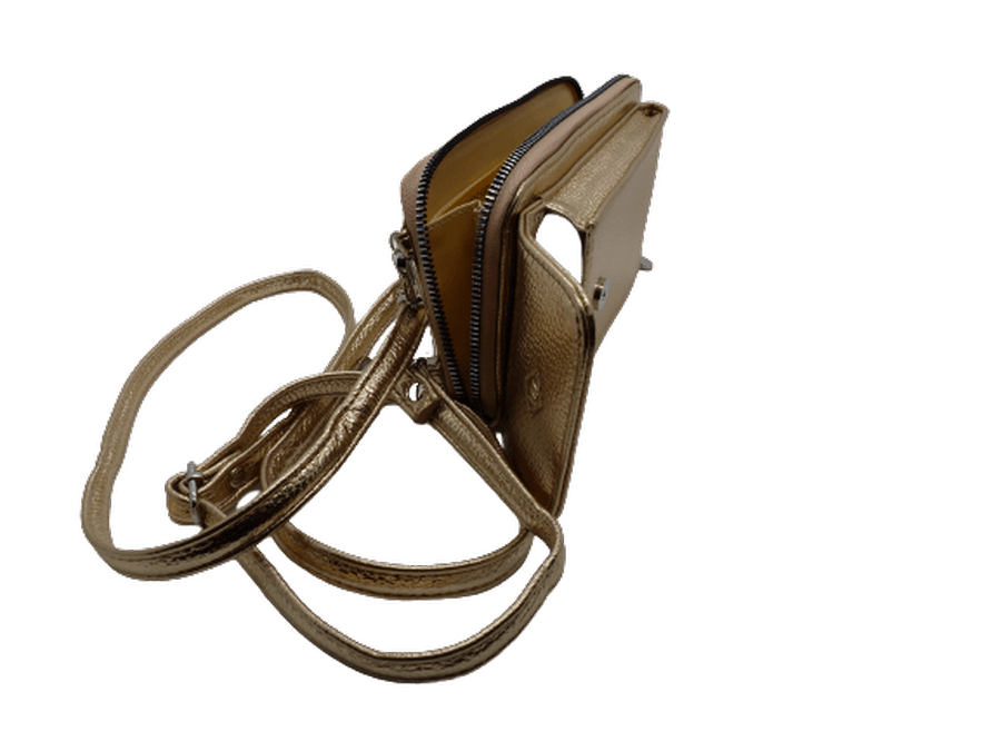 Portefeuille Compagnon Porte-Téléphone Bandoulière fantaisie Forme rectangulaire MANDOLINE 3 coloris camel bleu doré – Image 4