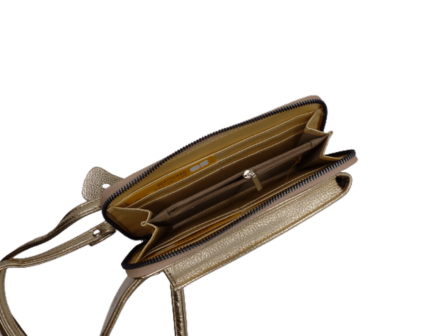 Portefeuille Compagnon Porte-Téléphone Bandoulière fantaisie Forme rectangulaire MANDOLINE 3 coloris camel bleu doré – Image 2