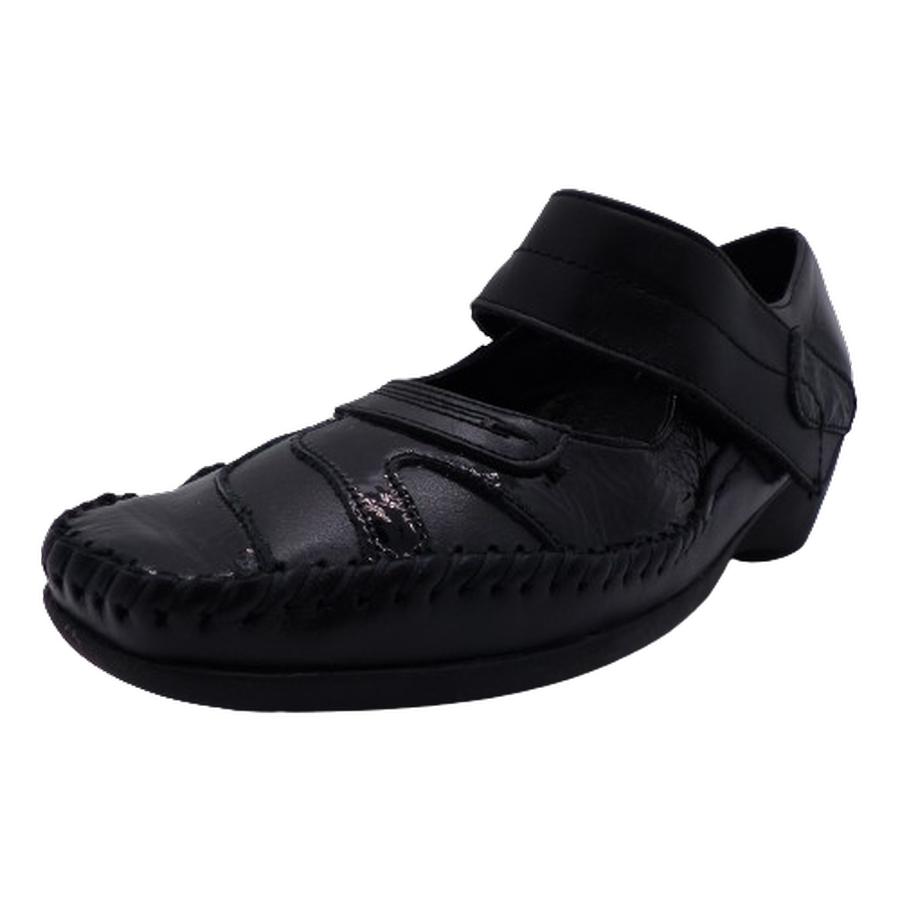 Chaussure femme talon compensé cuir doublure cuir bride velcro cousue main PEDI GIRL noir vernis noir