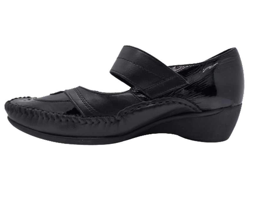 Chaussure femme talon compensé cuir doublure cuir bride velcro cousue main PEDI GIRL noir vernis noir – Image 2