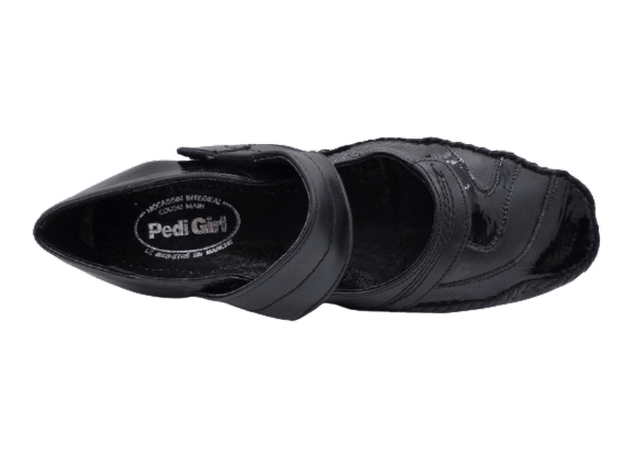 Chaussure femme talon compensé cuir doublure cuir bride velcro cousue main PEDI GIRL noir vernis noir – Image 3
