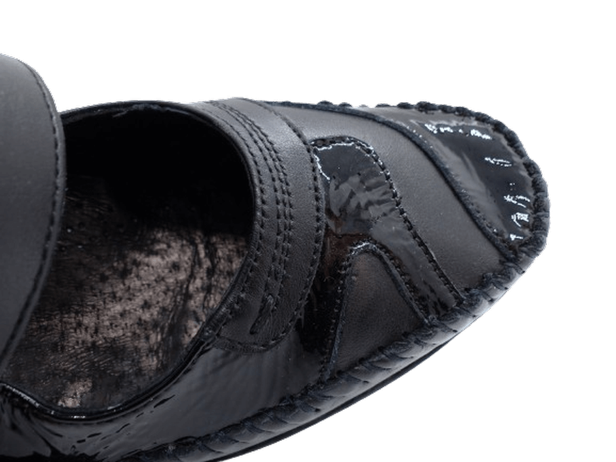 Chaussure femme talon compensé cuir doublure cuir bride velcro cousue main PEDI GIRL noir vernis noir – Image 7