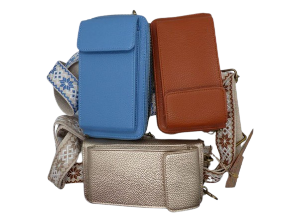 Portefeuille Compagnon Porte-Téléphone Bandoulière fantaisie Forme rectangulaire MANDOLINE 3 coloris camel bleu doré