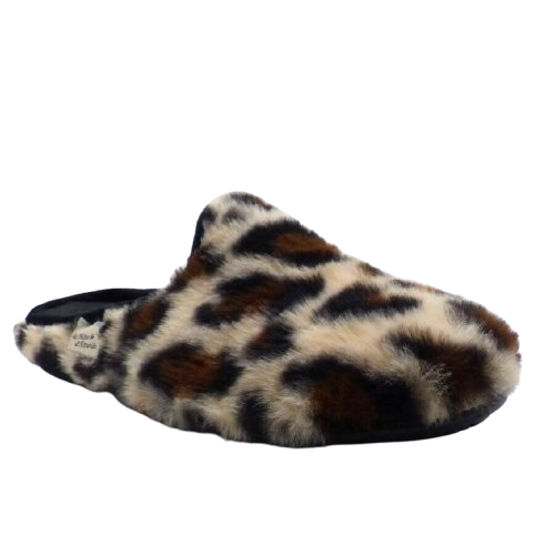 Mules femme fourrure imprimé léopard Chaussons dame chaud Semelle élastomère talon deux cm LA MAISON DE L’ESPADRILLE Coloris beige